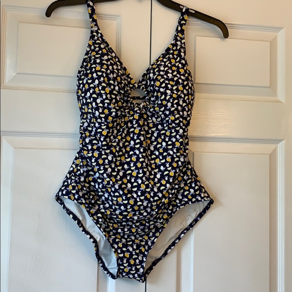 LOFT beach Navy with lemons one piece swimsuit.